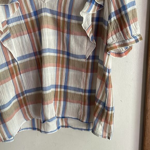 Madewell V Neck Shoulder Ruffle Top in Plaid - Picture 8 of 16